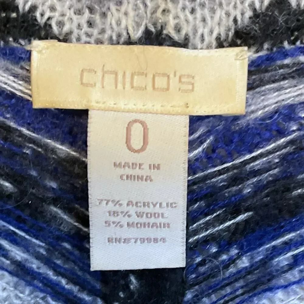 Chico's‎ Sz 0 (4) Zig Zag Cardigan Jacket Blue Gray Black Mohair Wool Open Cozy